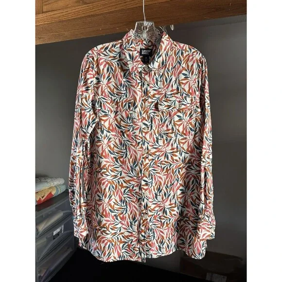 Lands' End Women's M 10-12 Linen A-Line Long Sleeve Tunic Top Ivory Multi Leaves - Picture 3 of 16